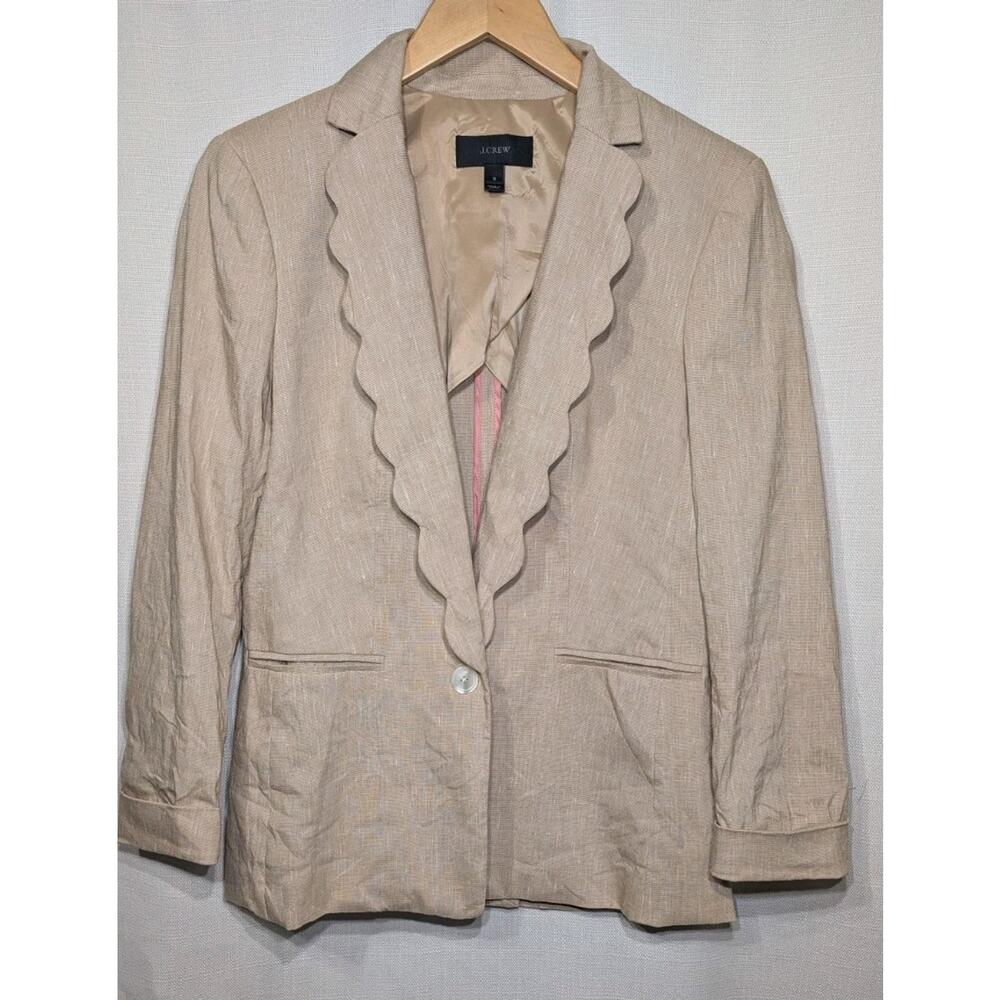 J Crew Womens Linen Blend Blazer Sz 0 Scalloped‎ Lapel Collar Tan Single Button